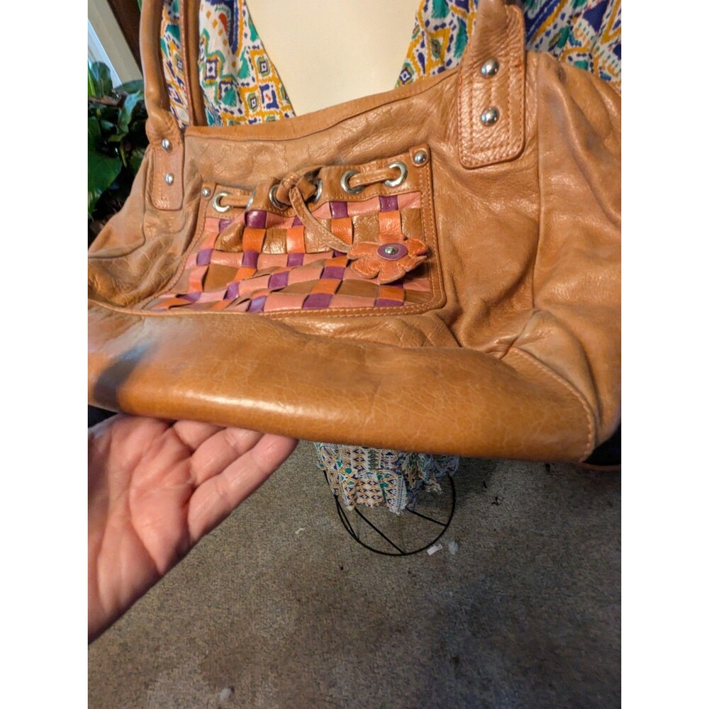 Sofia C. Genuine Leather Satchel Handbag Woven Checkerboard Flower Charm Purse - Picture 6 of 7
